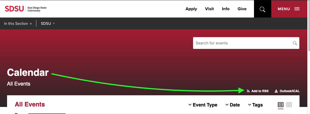 Add to RSS link on the calendar page