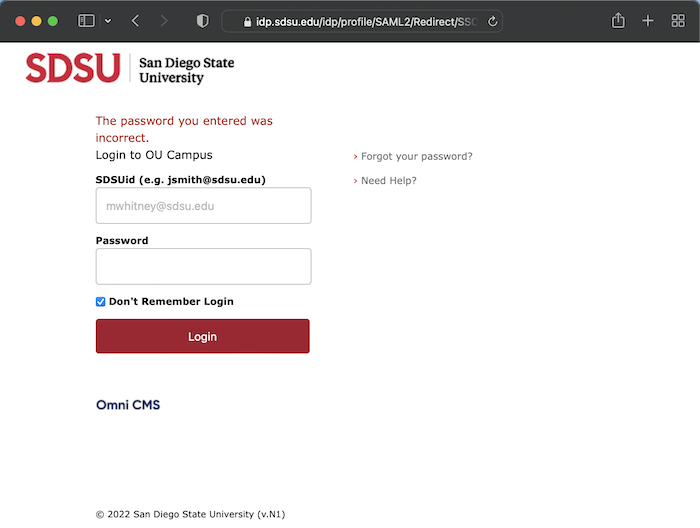 SDSUid login displaying error The password you entered was incorrect.