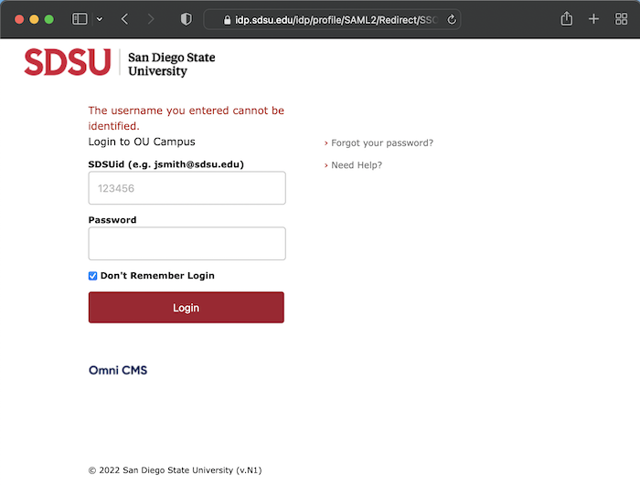 SDSUid login with the error message username cannot be identified