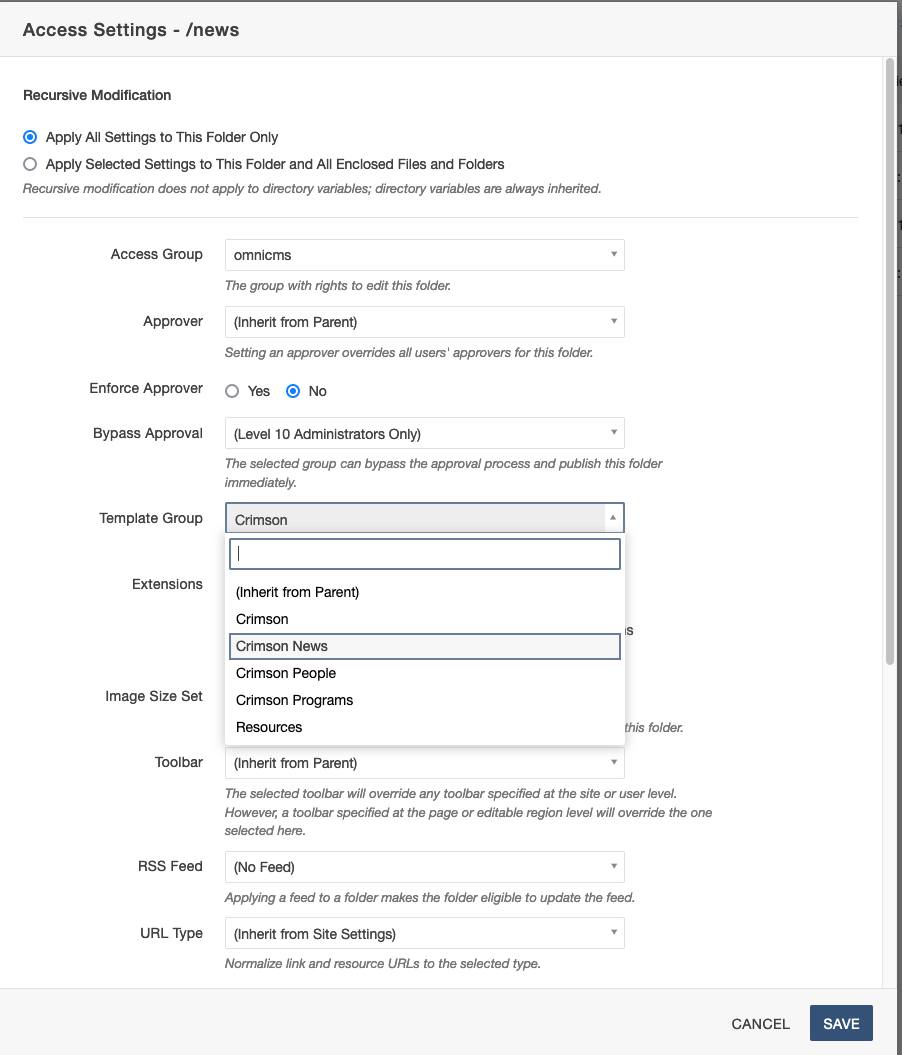 The Template Group setting on a section's Access Settings dialog