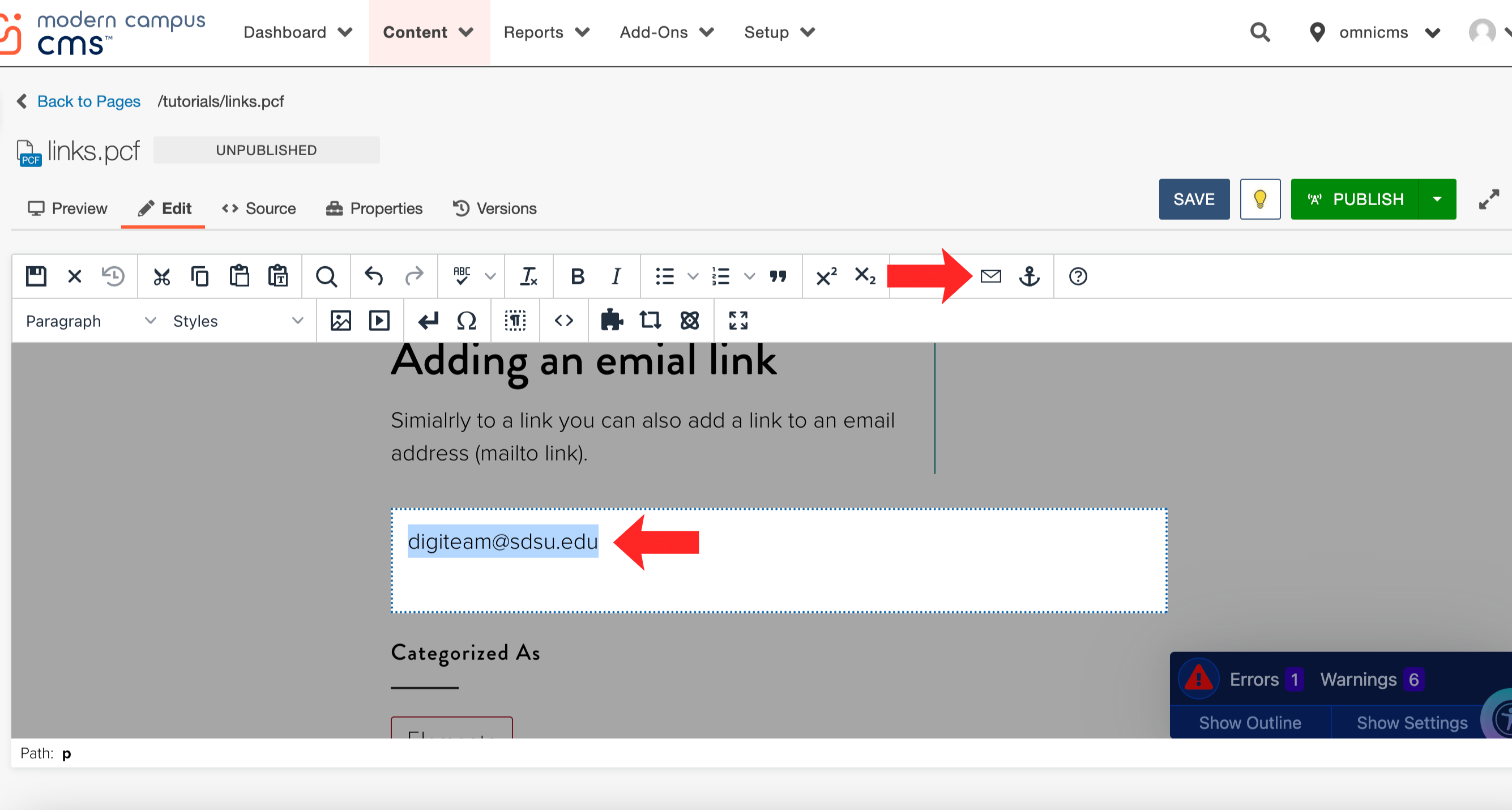 Screenshot showing selected email address and envelop icon.