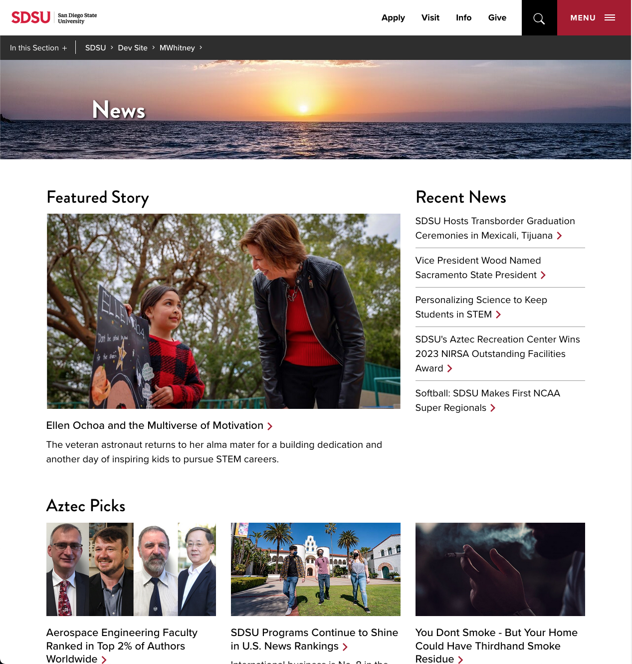 example of a news homepage with a featured story with a large image beside a recent news listing and a row of three selections with smaller images across the bottom
