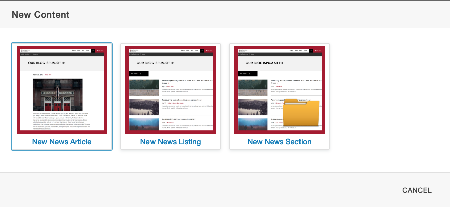 The three News page templates in the New Content dialog