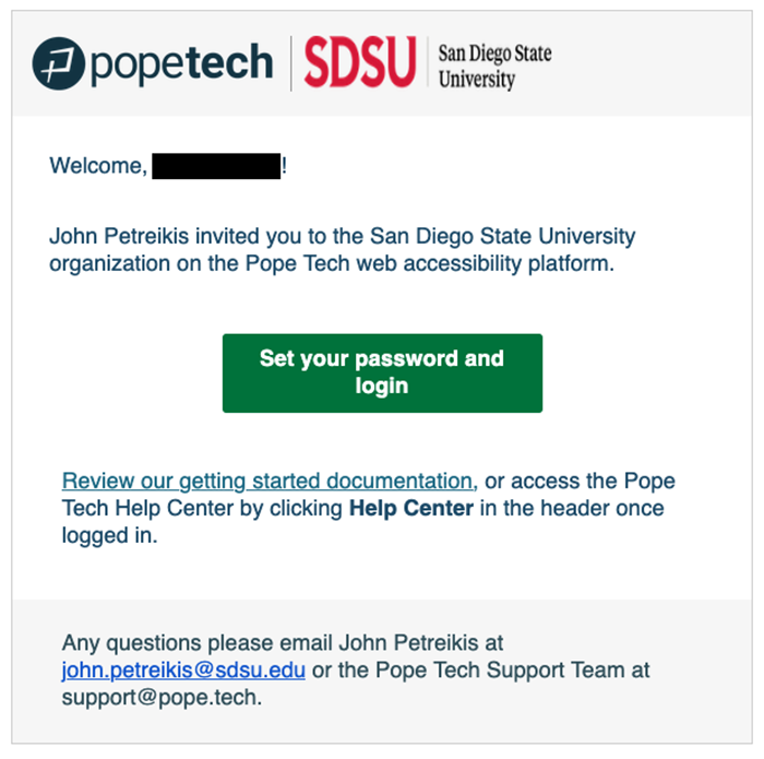 Email notification with a link to set your password and login