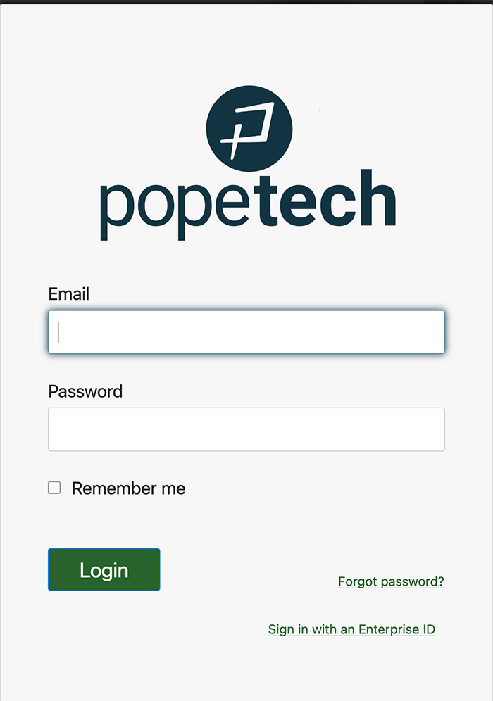 Pope Tech login screen showing email and password fields