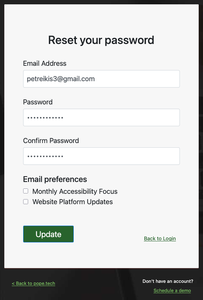 Screen shot displaying an email address field, and two password fields.