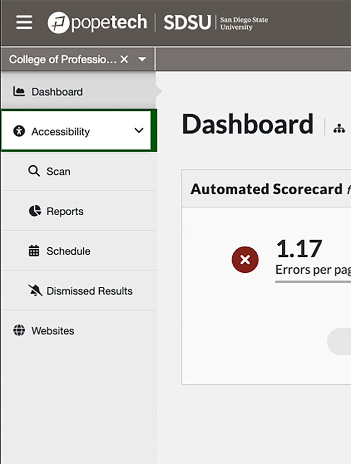 Screenshot of platform navigation, showing accessibility dropdown and websites section link