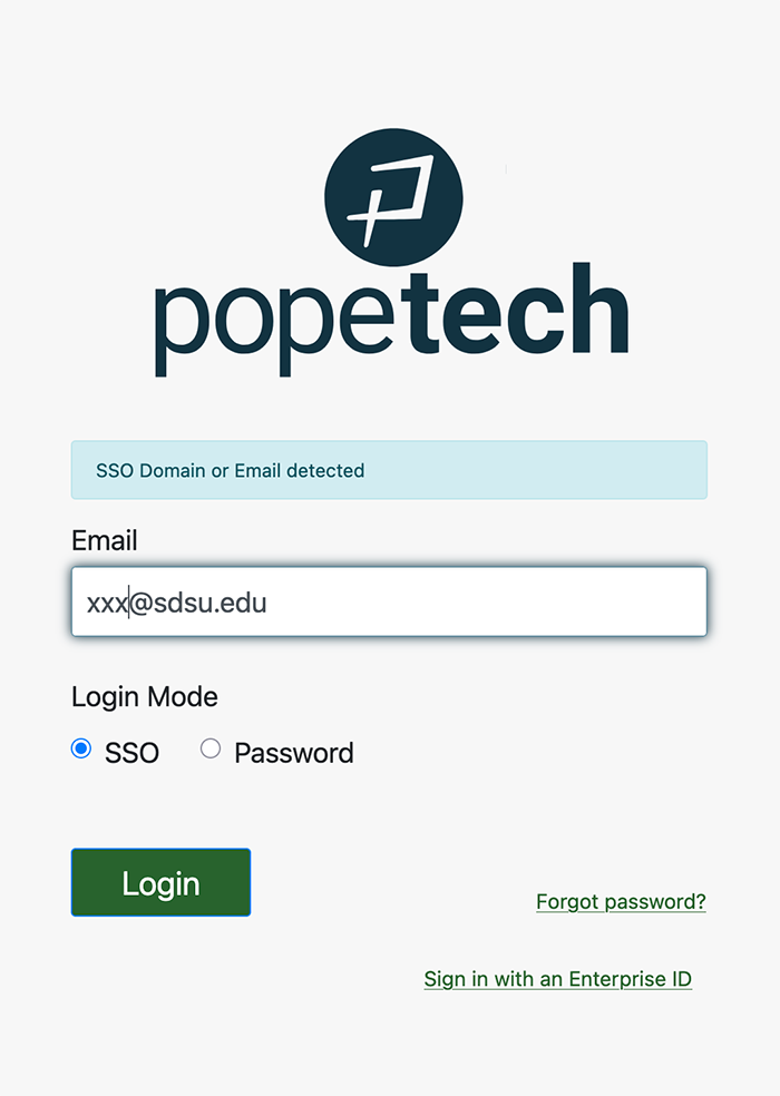 Pope Tech Login window showing email field and login modes