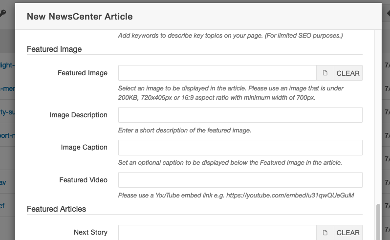New Page dialog prompting the user for fields related to the News Article