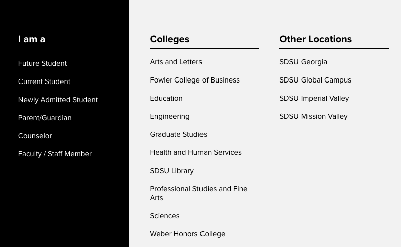 I am a, Colleges, and Other Locations sections of the main navigation