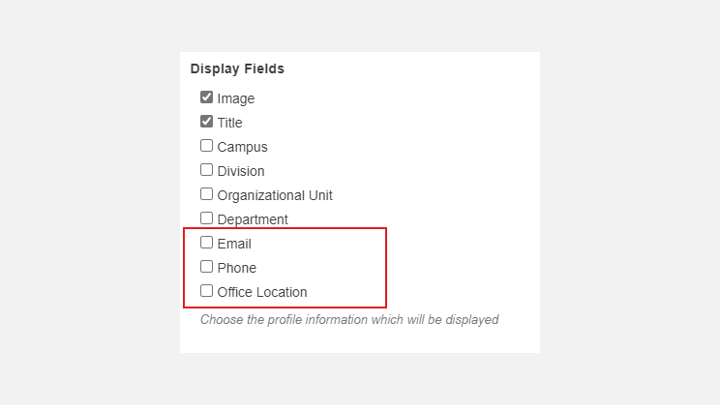 Profile Component Display Fields with Email, Phone, Office Outlined