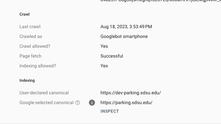 Google Search Console listing the canonical URL for the parking website with the dev- prefix