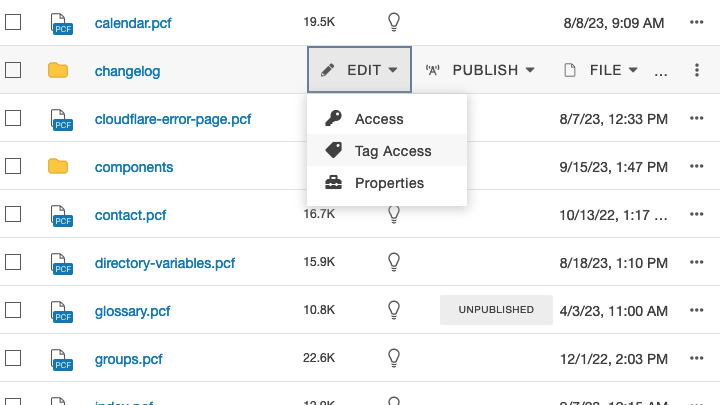 Tag Access highlighted in the Edit menu for the changelog section