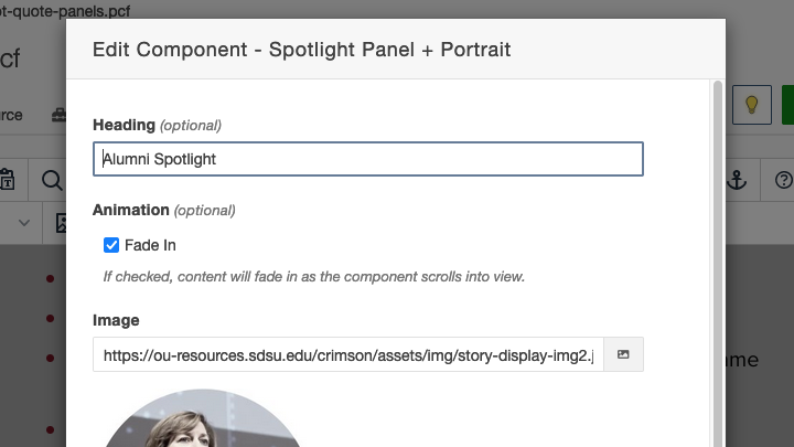 The Fade In Animation checkbox on the Spotlight Panel + Portrait component