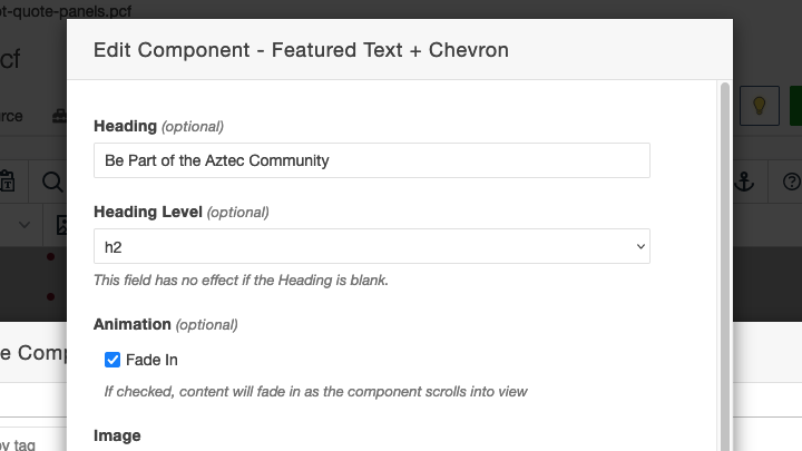 The Featured Text + Chevron component with the Animation Fade In checkbox