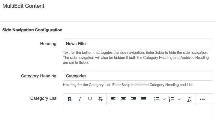News Listing MultiEdit fields with help text detailing the use of $skip