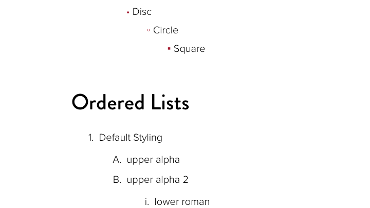 a variety of styles for unordered and ordered lists