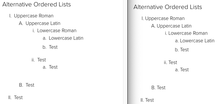Ordered Lists using letters and roman numerals before and after the change